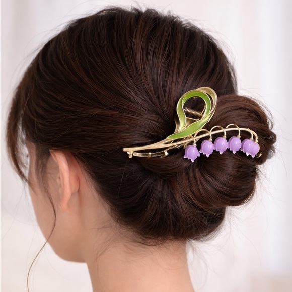 Vintage Lily of the Valley Gold Tone Floral Barrette Lavender Hair Clip main image 5